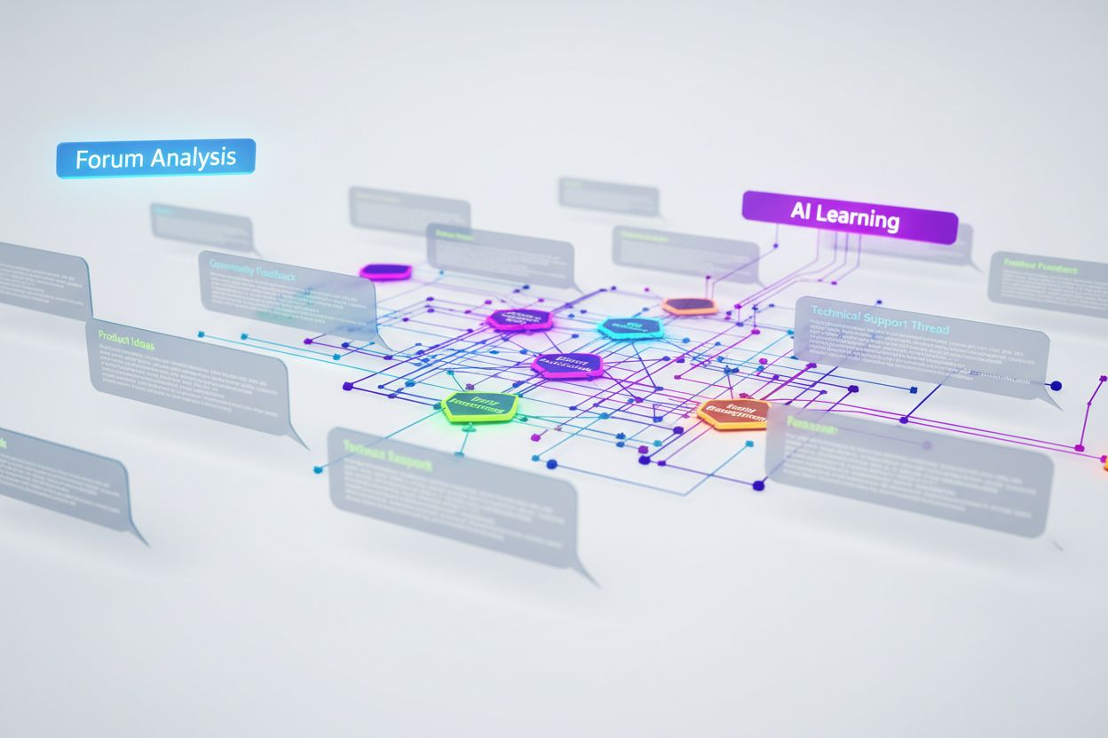 AI algorithms analyzing forum discussions with neural network visualization