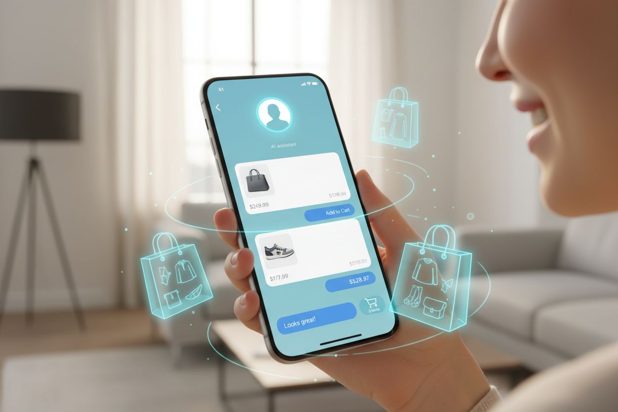 Customer interacting with AI shopping assistant through chat interface on mobile phone