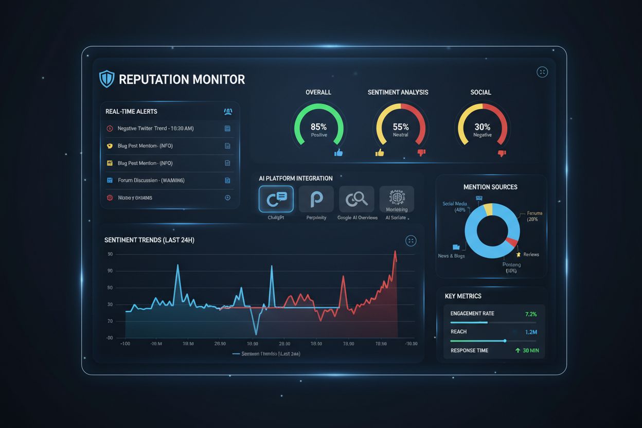 Modern SaaS monitoring dashboard with real-time alerts, sentiment gauges, and AI platform integration