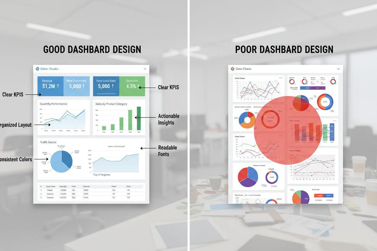 Good vs poor dashboard design comparison showing best practices