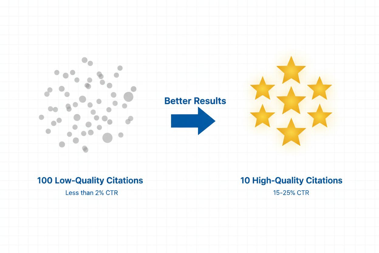 Quality vs Quantity comparison showing 10 high-quality citations outperform 100 low-quality ones