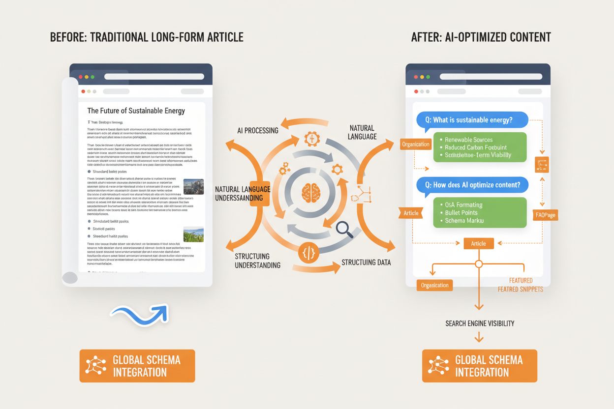 Content optimization workflow showing transformation from traditional article structure to AI-optimized Q&A format with schema markup