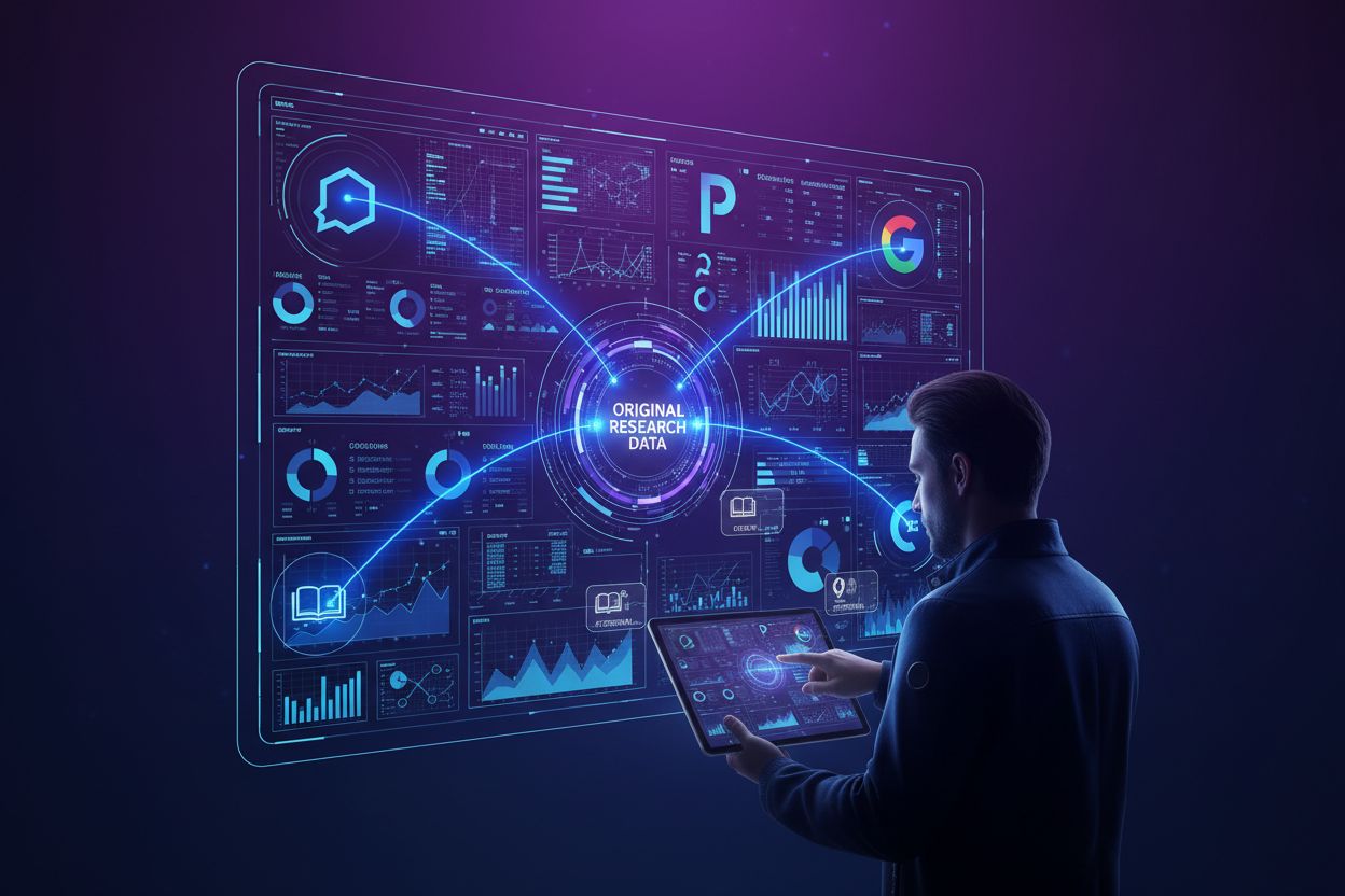 Professional data visualization showing original research data being discovered and cited by AI systems with glowing dashboard and AI platform connections