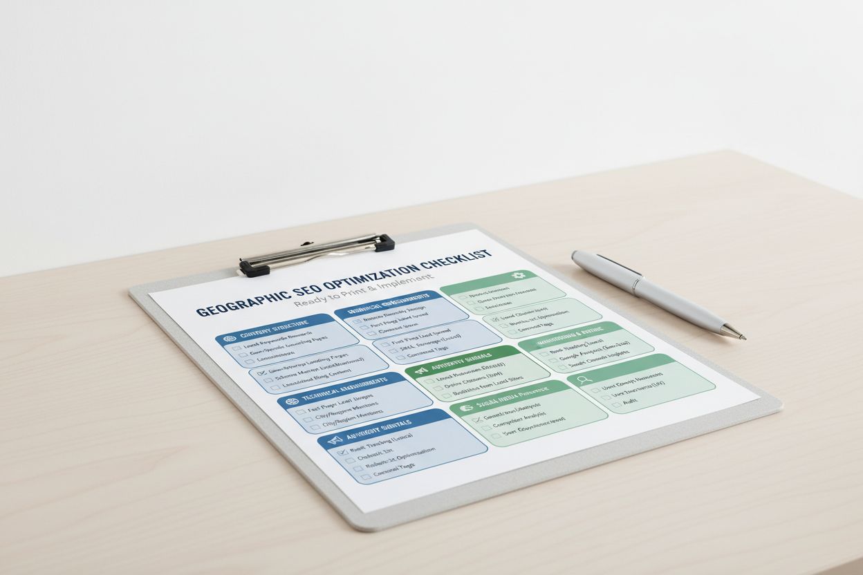 Printable GEO optimization checklist with sections for content structure, technical requirements, authority signals, and monitoring