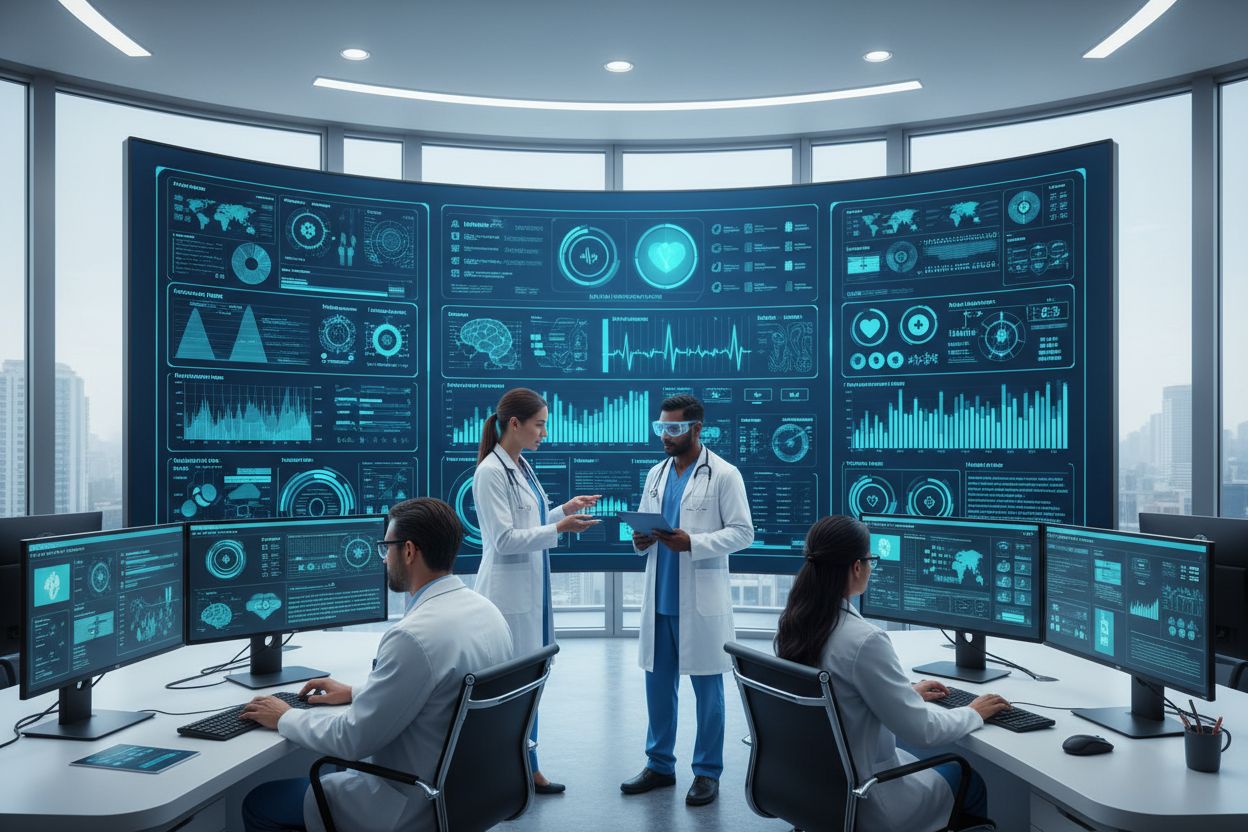 Healthcare professionals monitoring AI content visibility on digital dashboards