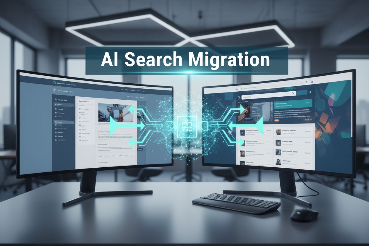 Website migration and AI search evolution with modern tech workspace