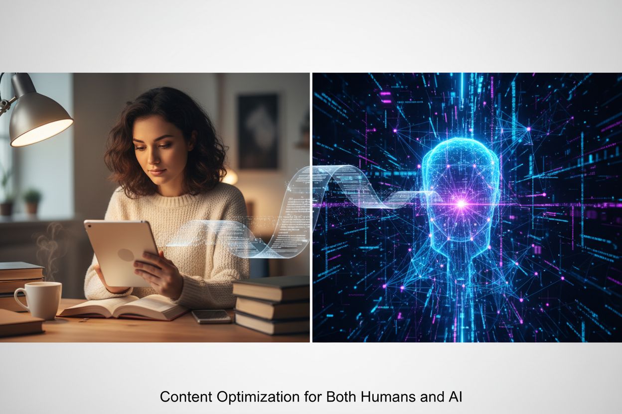 Human and AI content analysis showing split-screen composition with reader and machine learning system