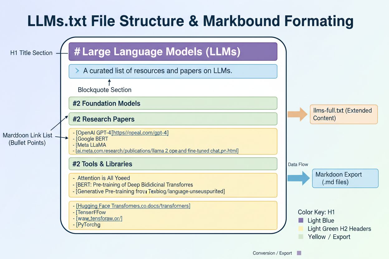 LLMs.txt file structure showing H1 title, blockquote, sections, and advanced features like llms-full.txt