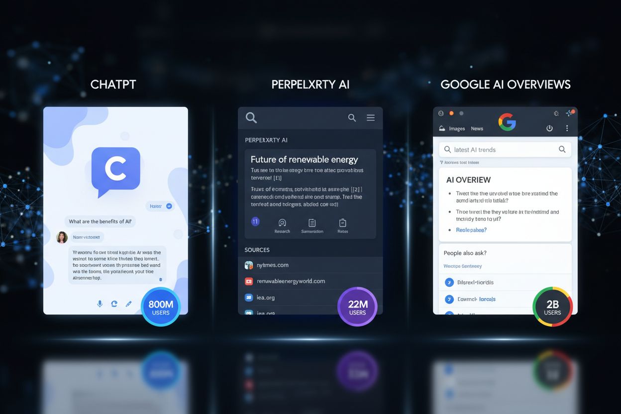 Three AI search platforms side-by-side showing ChatGPT, Perplexity, and Google AI Overviews with their unique interfaces