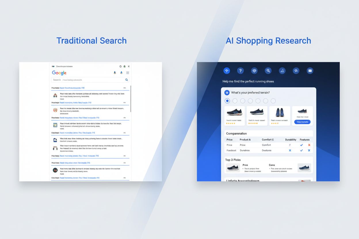 Comparison of traditional search results versus ChatGPT Shopping Research interface showing guided questions and product recommendations