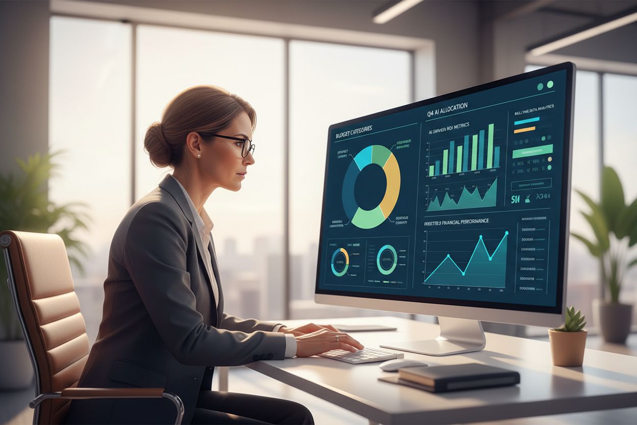CFO analyzing AI budget allocation charts and ROI metrics on computer dashboard