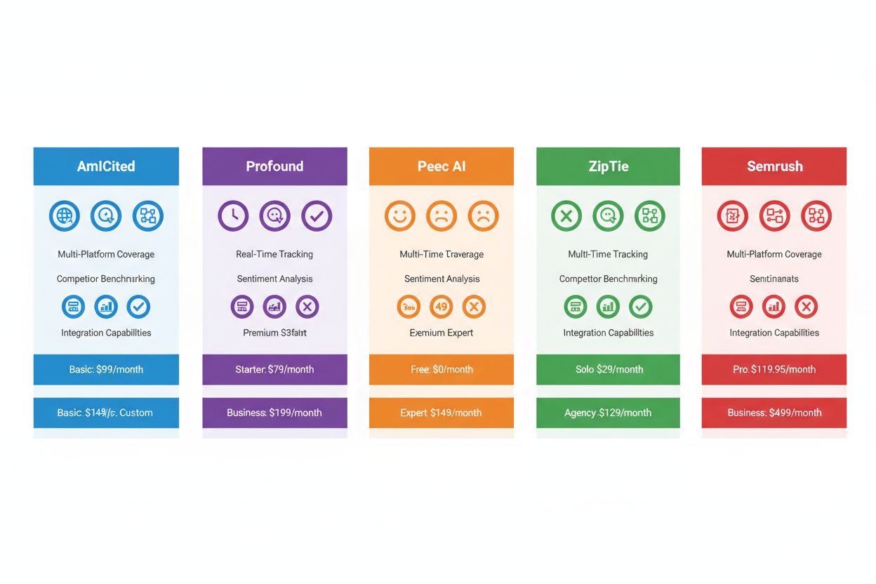 Comparison of AI visibility monitoring platforms showing features and pricing