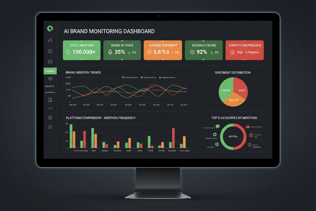 Analytics dashboard showing AI brand monitoring metrics including mention frequency, sentiment analysis, share of voice, and competitive positioning