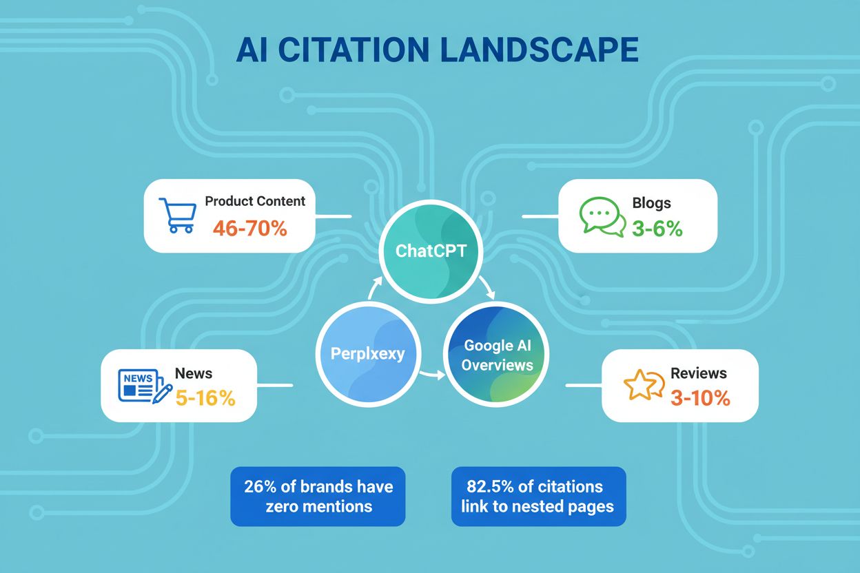 AI Citation Landscape showing ChatGPT, Perplexity, and Google AI Overviews with content format citation rates