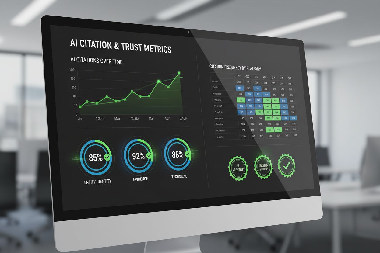 AI monitoring dashboard showing citation metrics and trust signal performance