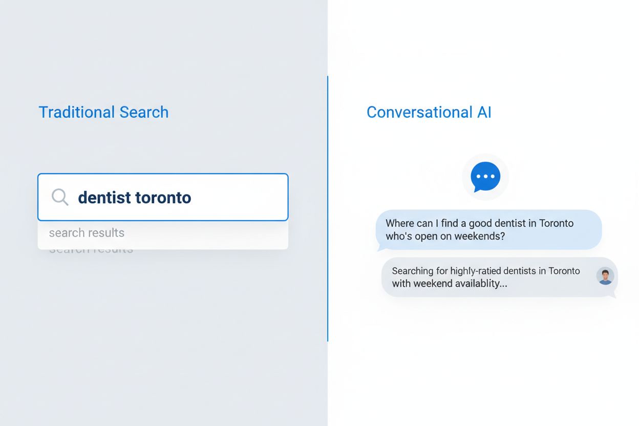 Confronto tra ricerca tradizionale per keyword e moderna interfaccia AI conversazionale