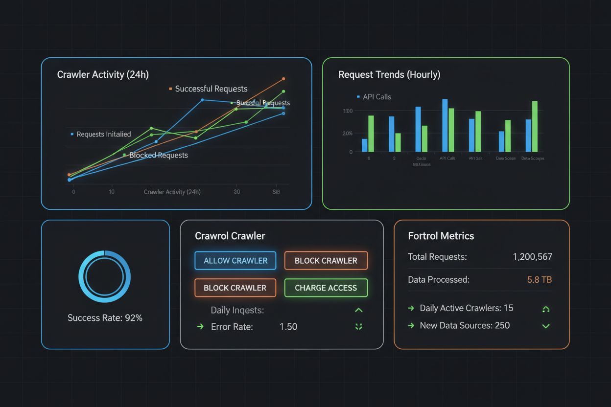 Cloudflare dashboard displaying real-time crawler analytics and policy enforcement metrics