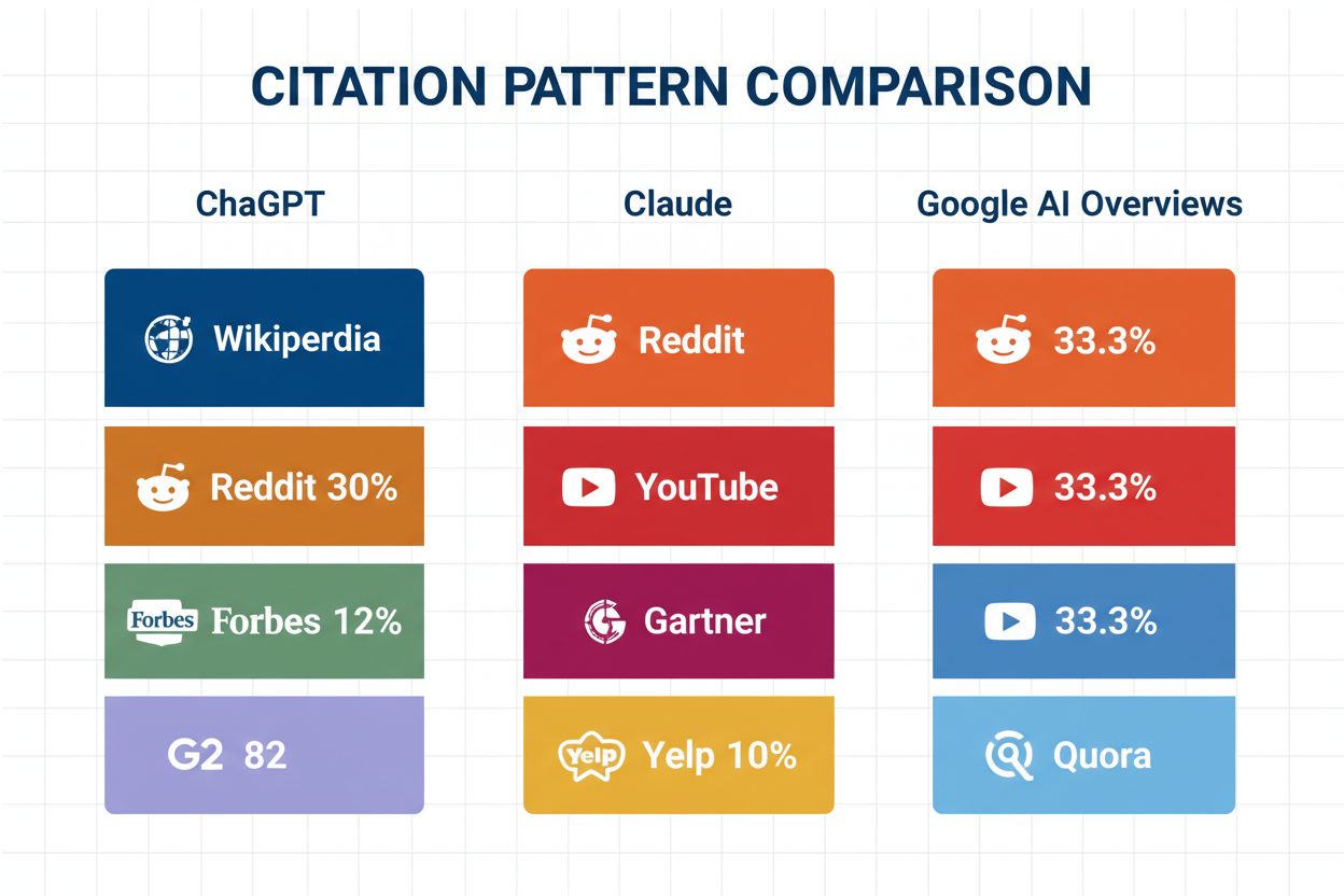 Citation pattern comparison infographic showing ChatGPT, Claude, and Google AI Overviews source distribution