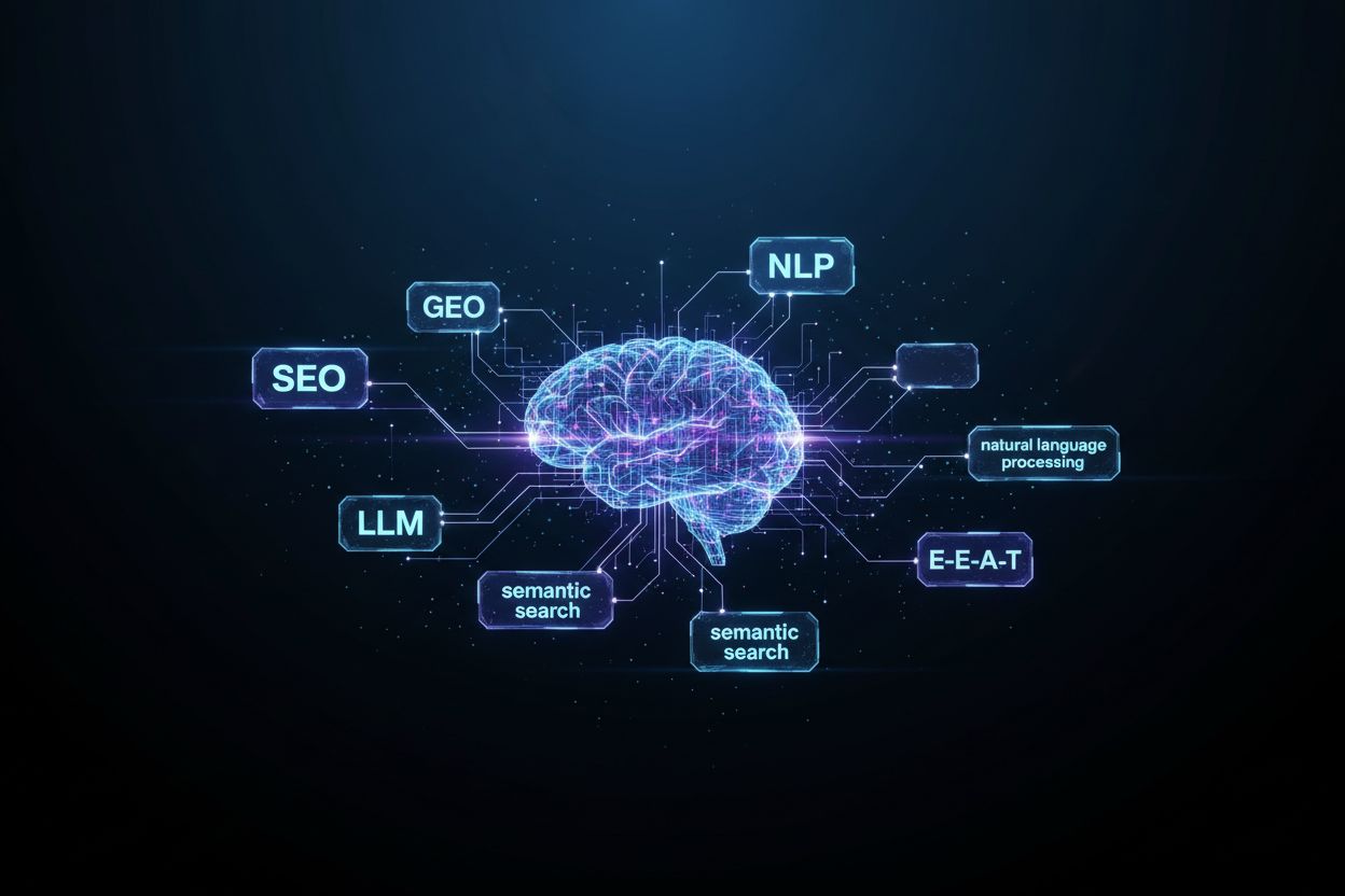 AI neural network processing technical terminology with glowing connections