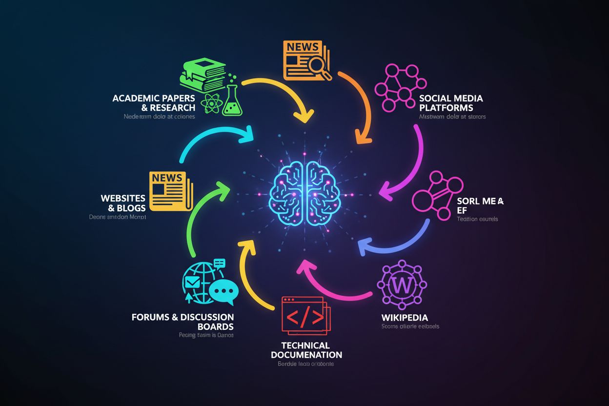 ChatGPT training data sources infographic showing data flowing from multiple sources into central AI brain
