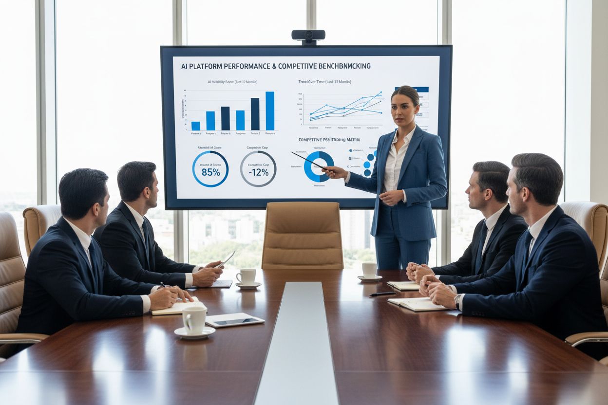 Executive boardroom presentation showing AI visibility metrics and dashboard to stakeholders