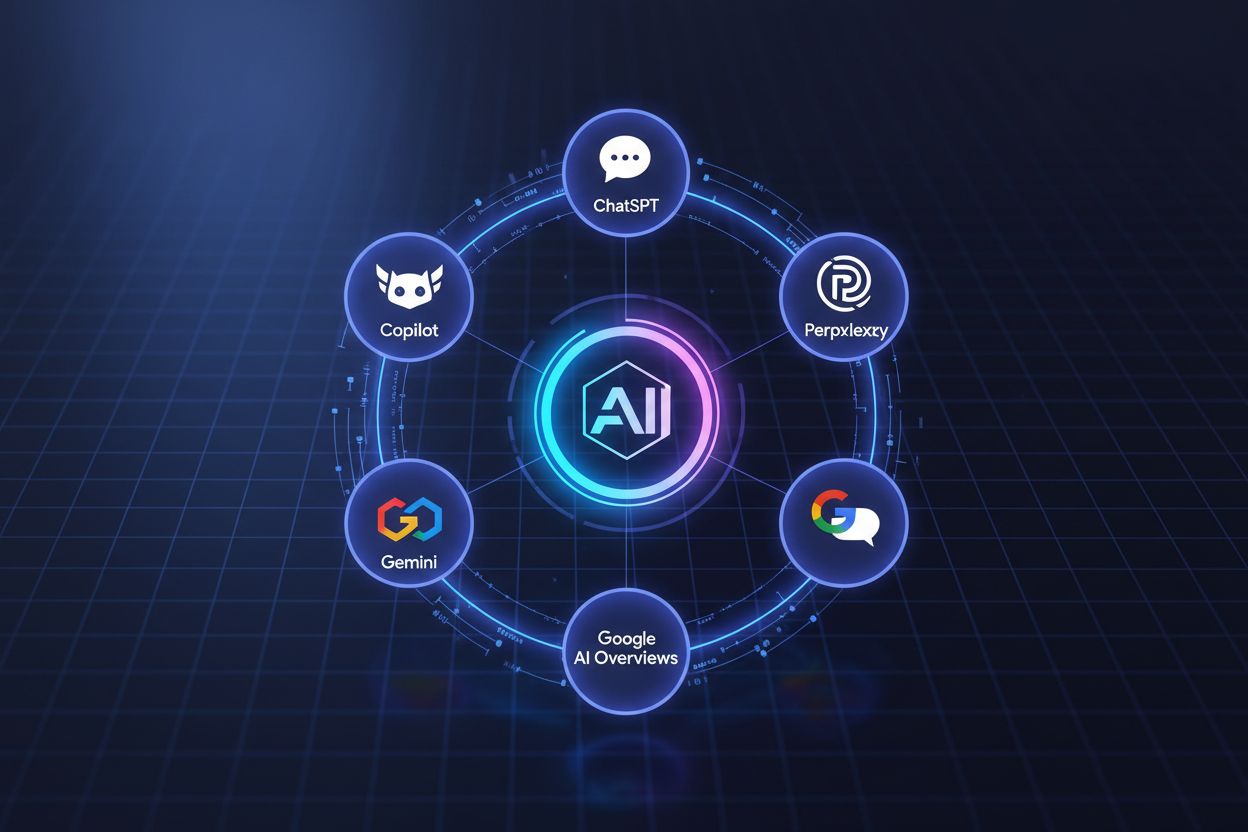 AI search ecosystem showing ChatGPT, Perplexity, Google AI Overviews, Gemini, and Copilot