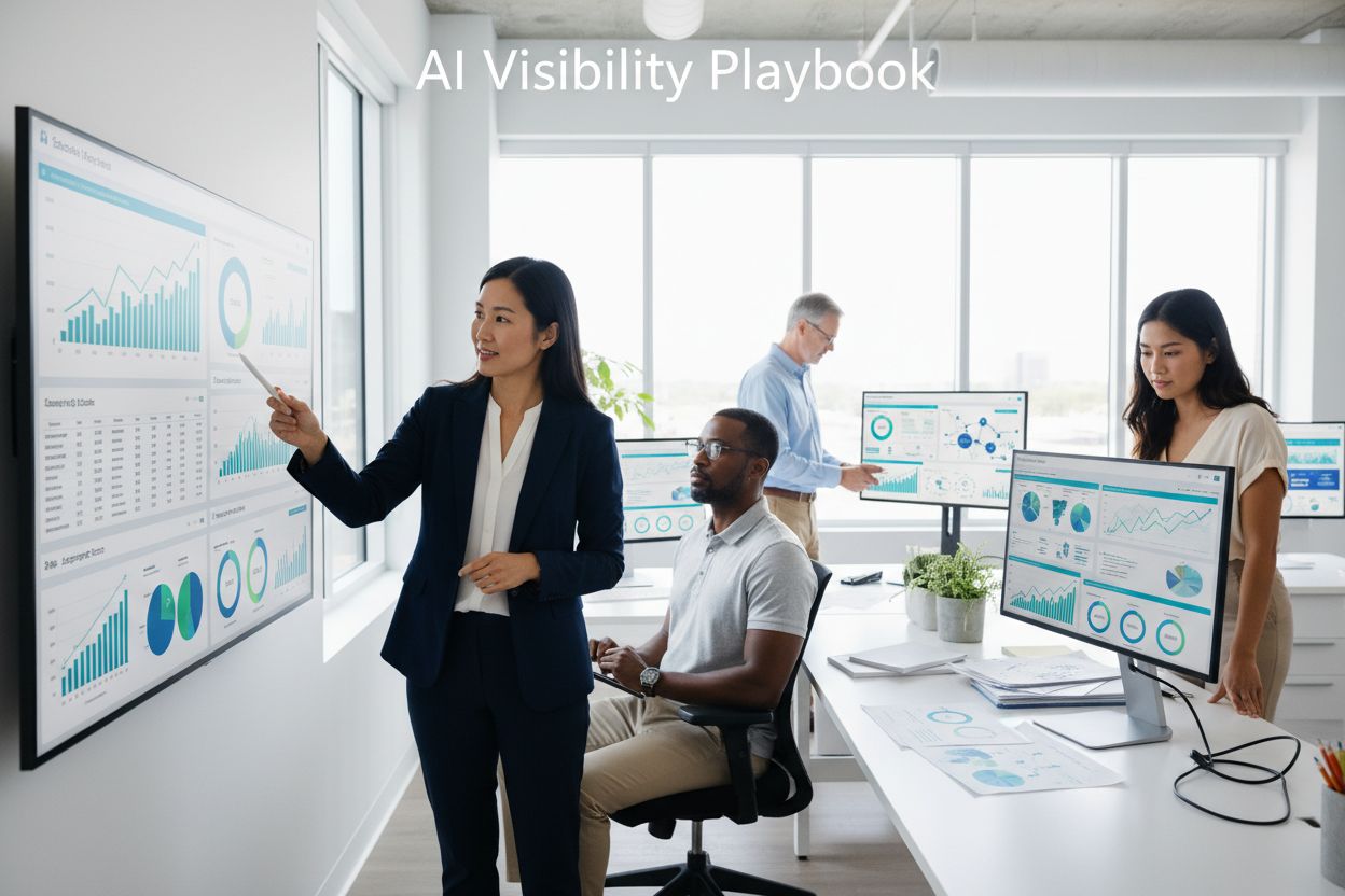 Team eterogeneo che esamina metriche e dashboard di analisi della visibilità AI in un ufficio moderno