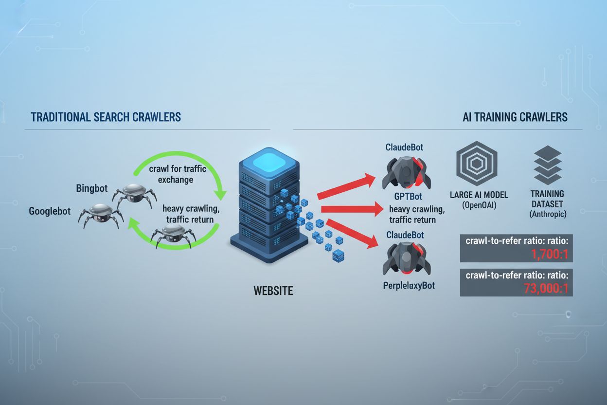Comparison of traditional search crawlers vs AI training crawlers showing crawl-to-refer ratios
