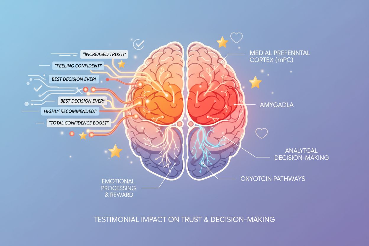 Human brain with highlighted neural regions showing testimonial impact on trust