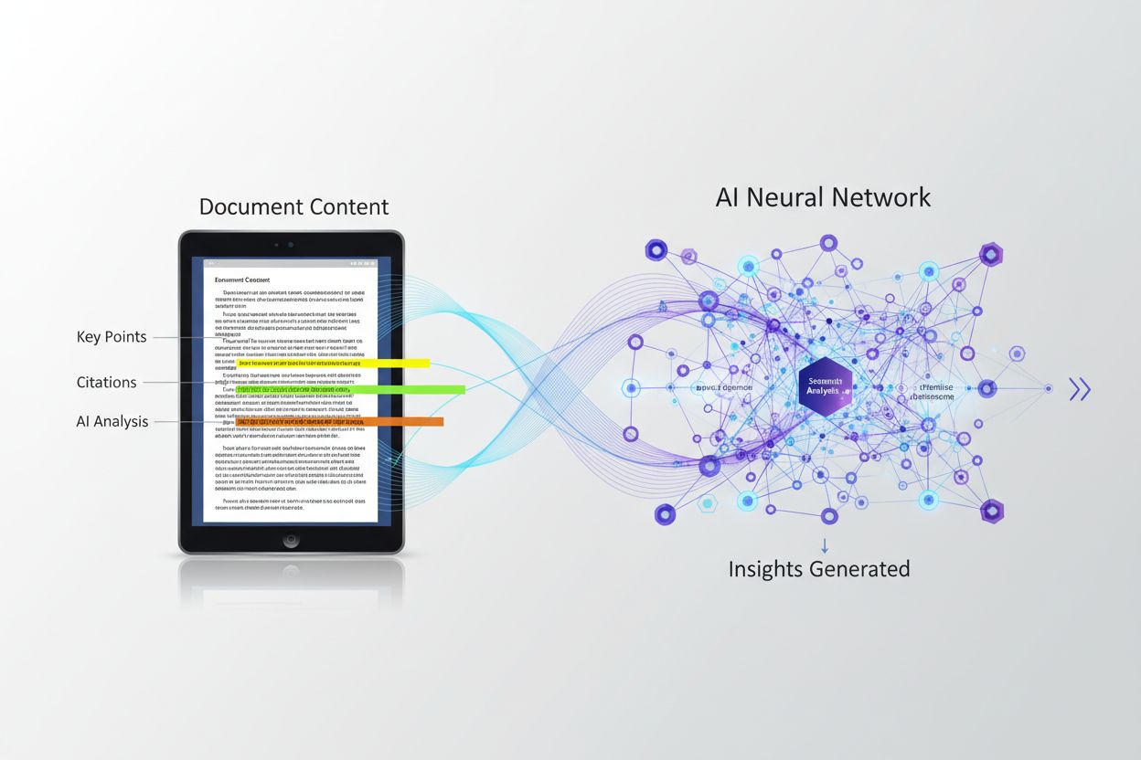 AI neural network analyzing document with highlighted key points extraction
