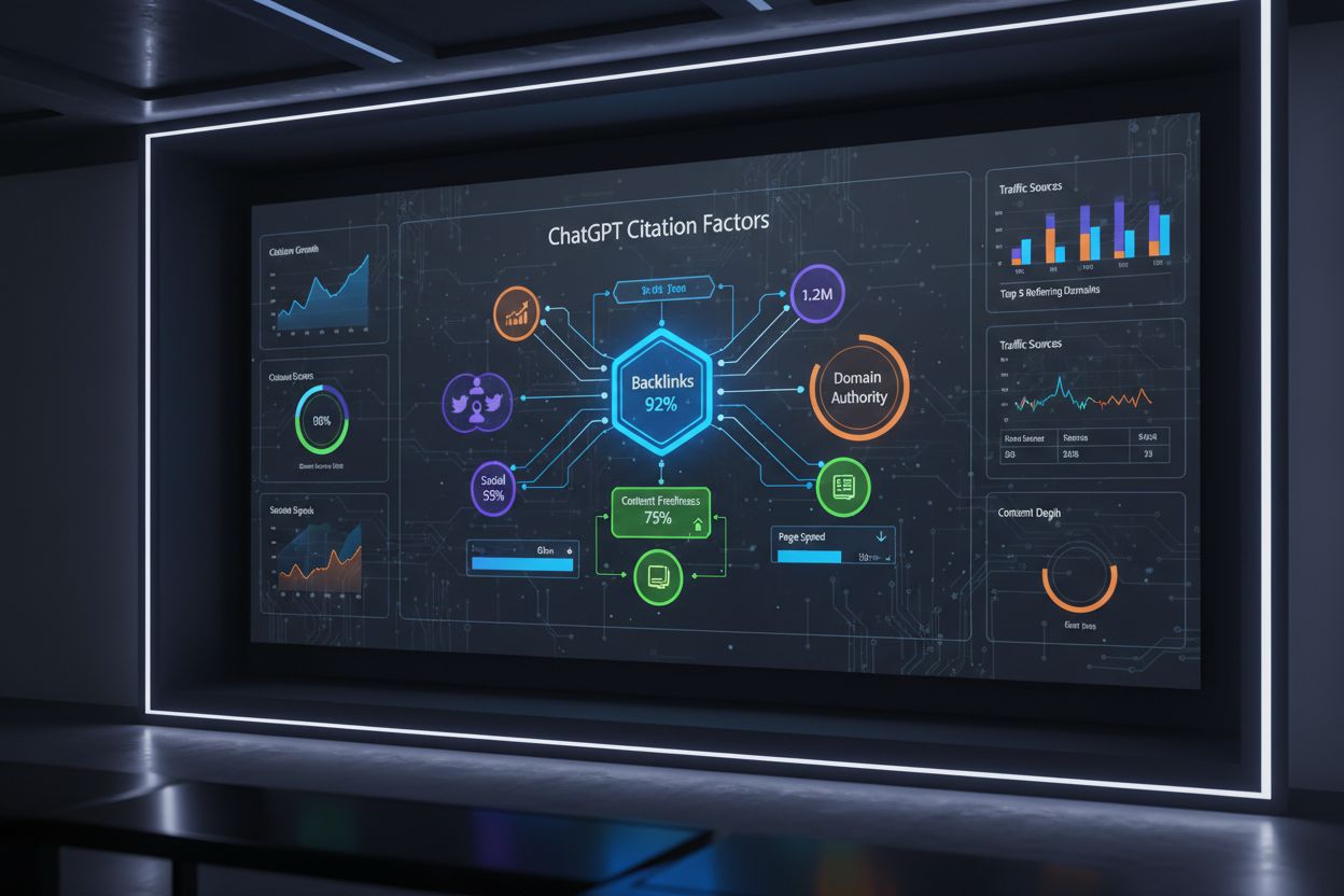 ChatGPT faktory citácií a dashboard metrík ukazujúci spätné odkazy, autoritu domény, čerstvosť obsahu, rýchlosť stránky a sociálne signály