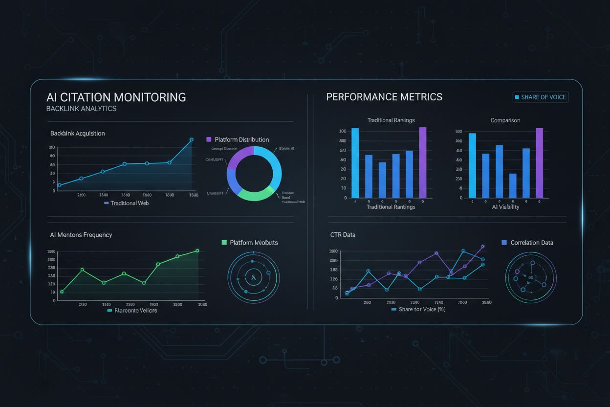 Dashboard visualization showing analytics metrics for backlink performance and AI citation tracking