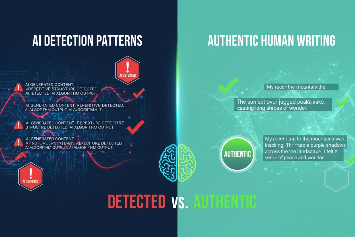 AI Detection Patterns - Split screen showing detected vs authentic content