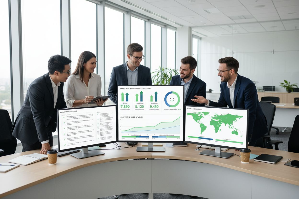 Il team marketing esamina metriche di visibilità AI e tracciamento delle citazioni su una dashboard di analytics