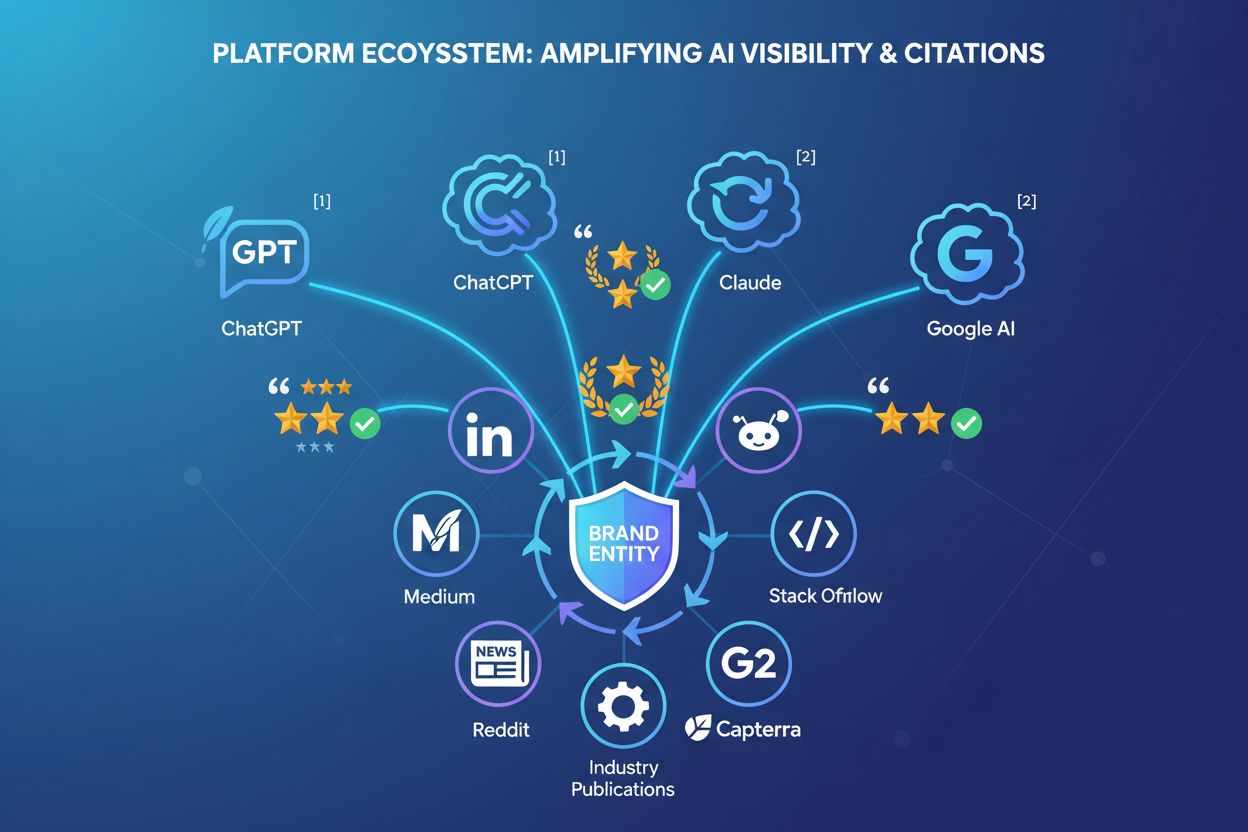 Platform ecosystem showing how publishing platforms feed into AI systems and amplify brand citations