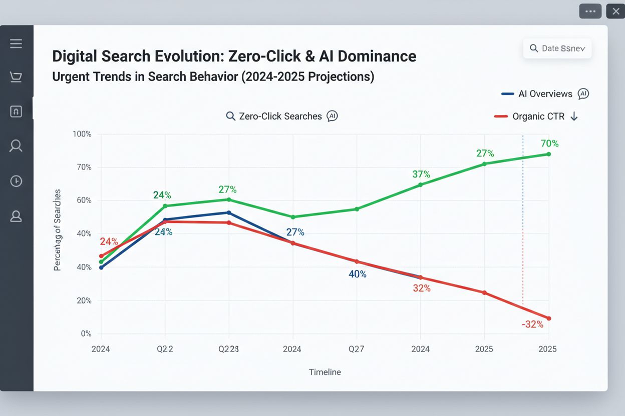 Data visualization showing zero-click searches rising, AI Overviews adoption increasing, and organic CTR declining from 2024 to 2025