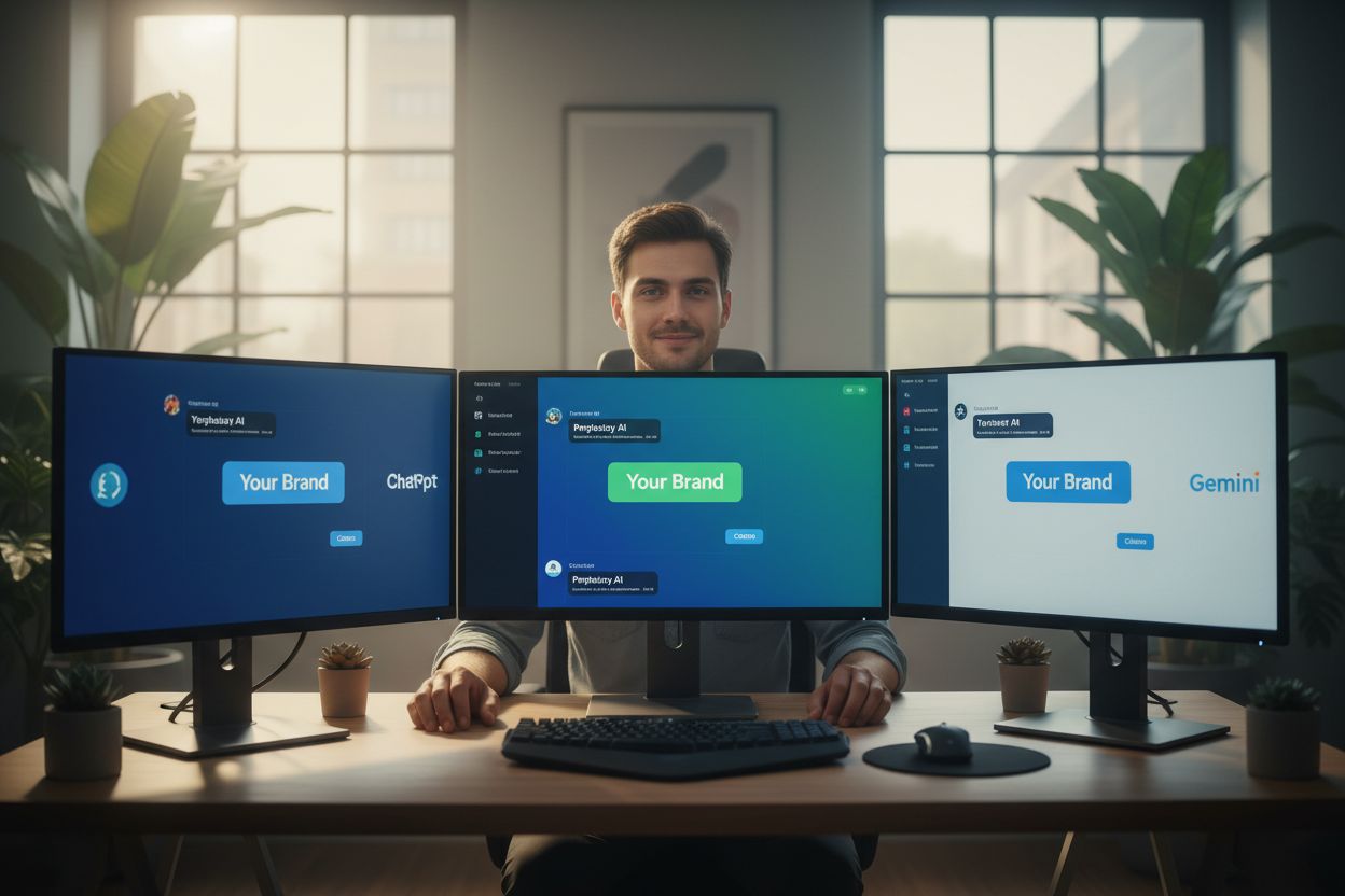 Startup founder monitoring AI visibility across ChatGPT, Perplexity, and Gemini platforms