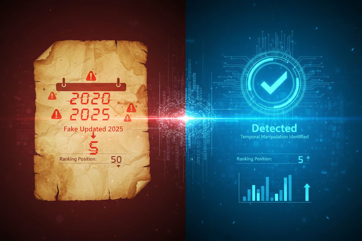 Visual representation of AI date manipulation detection showing fake date changes and AI detection mechanisms