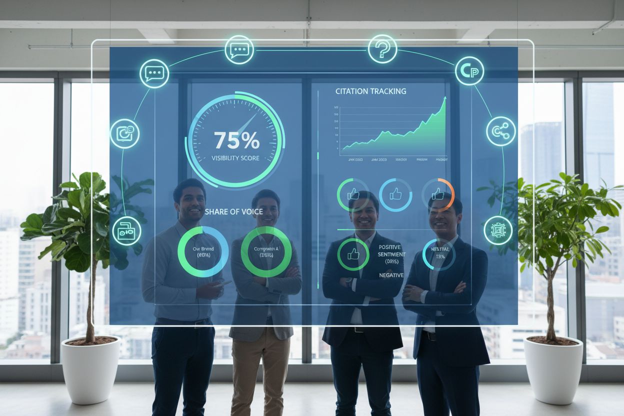 Marketing agency team reviewing AI visibility dashboard with metrics and competitive positioning