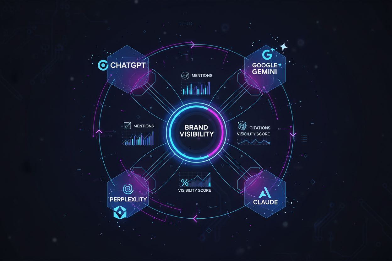 AI platforms ecosystem showing interconnected nodes with brand visibility metrics