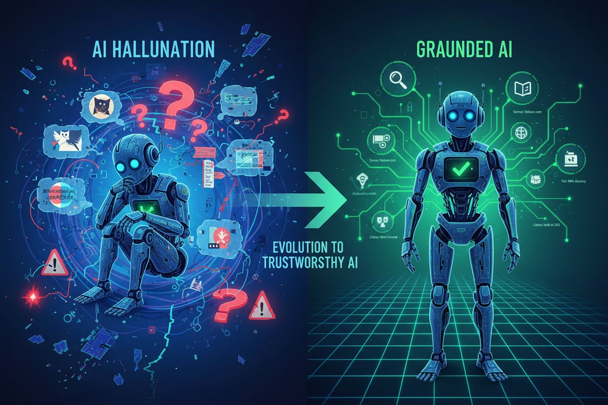 Split-screen comparison of AI hallucination versus grounded AI with citations