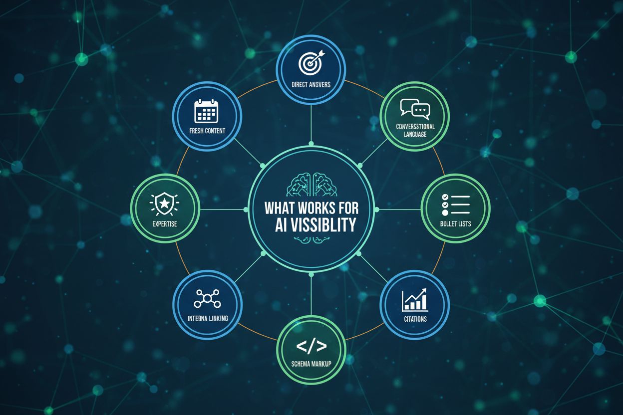 Key tactics for AI visibility including content structure, citations, and technical optimization