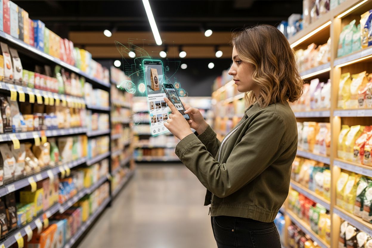 Person using smartphone camera to photograph product on retail shelf with AI processing visualization