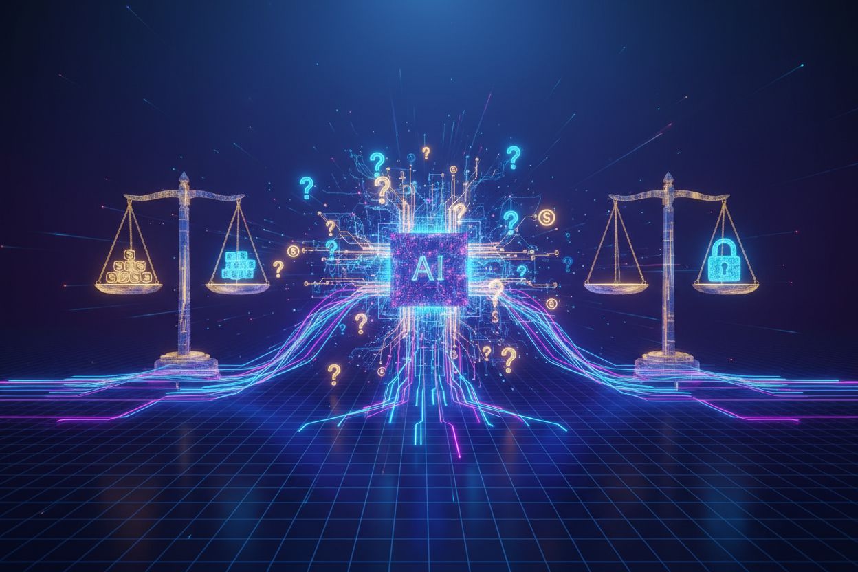 Digital visualization of AI training data ownership with question marks and copyright symbols