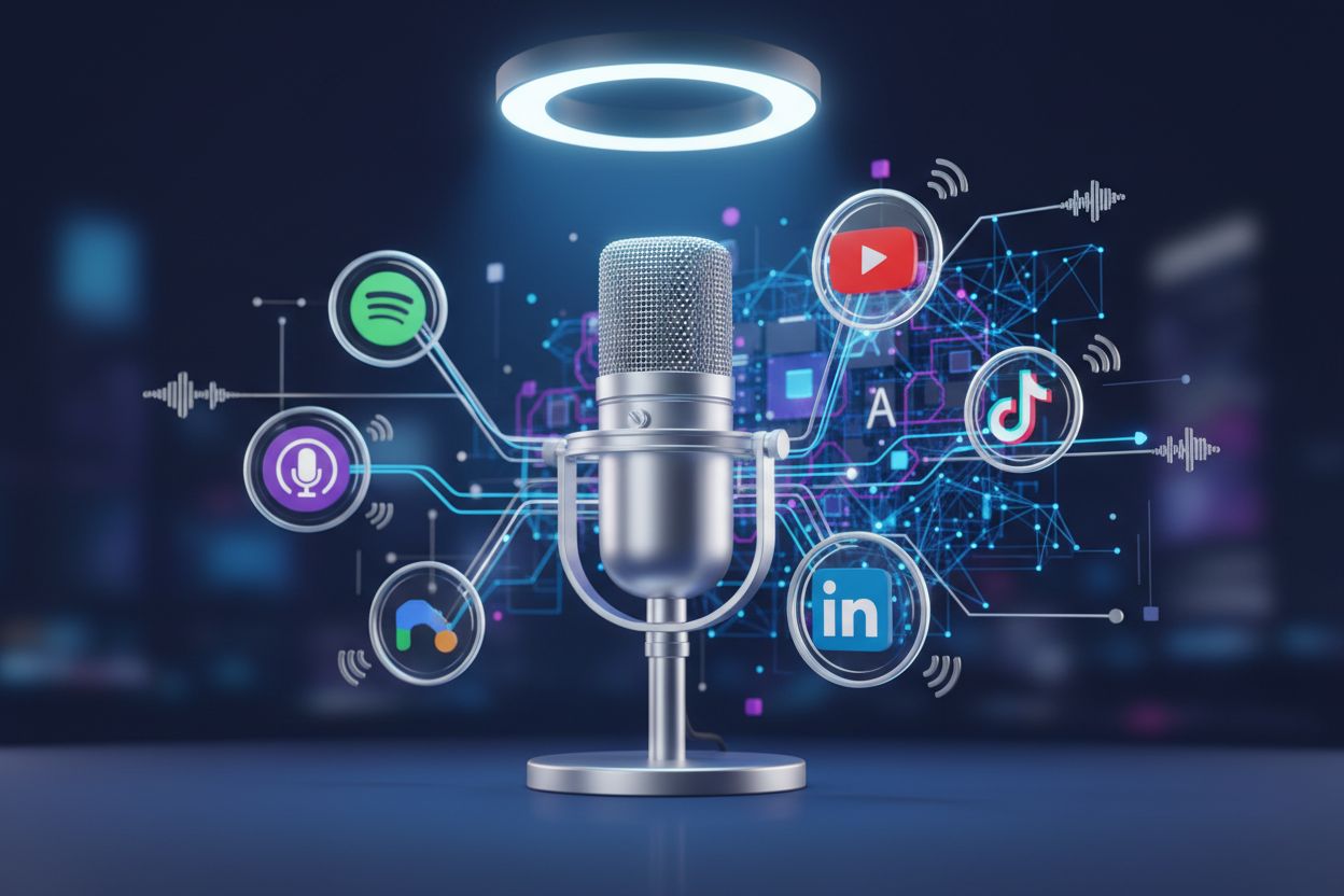 Podcast distribution ecosystem with AI systems consuming content from multiple platforms
