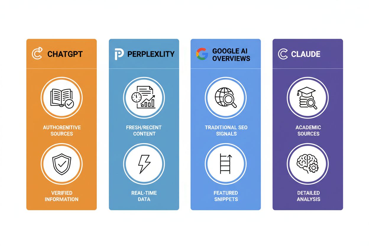 AI platforms comparison showing ChatGPT, Perplexity, Google AI, and Claude preferences for different query types