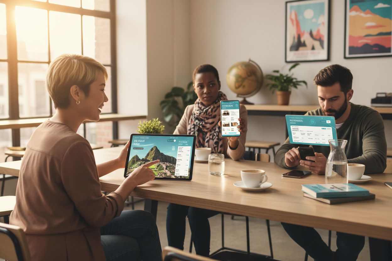 Diverse travelers using AI-powered travel planning tools on smartphones and tablets in a modern café setting