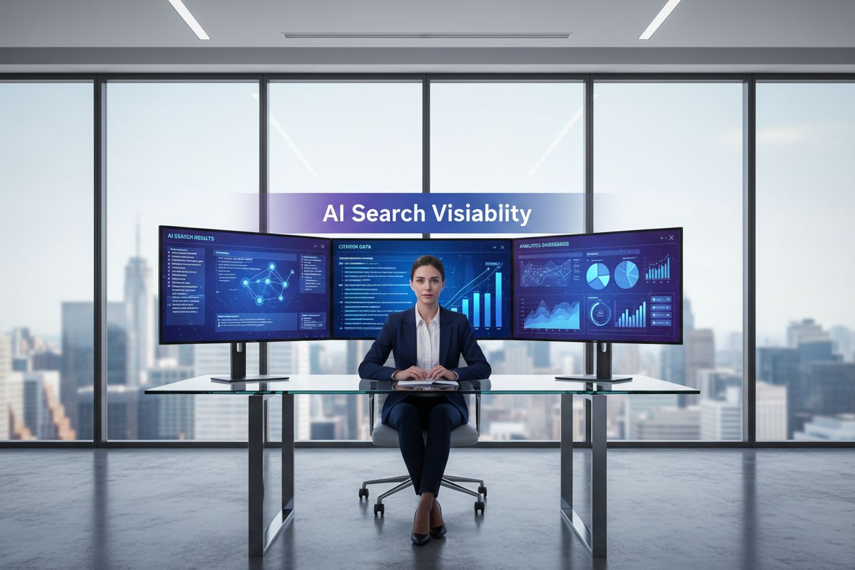 Executive analyzing AI search data on multiple monitors in modern boardroom