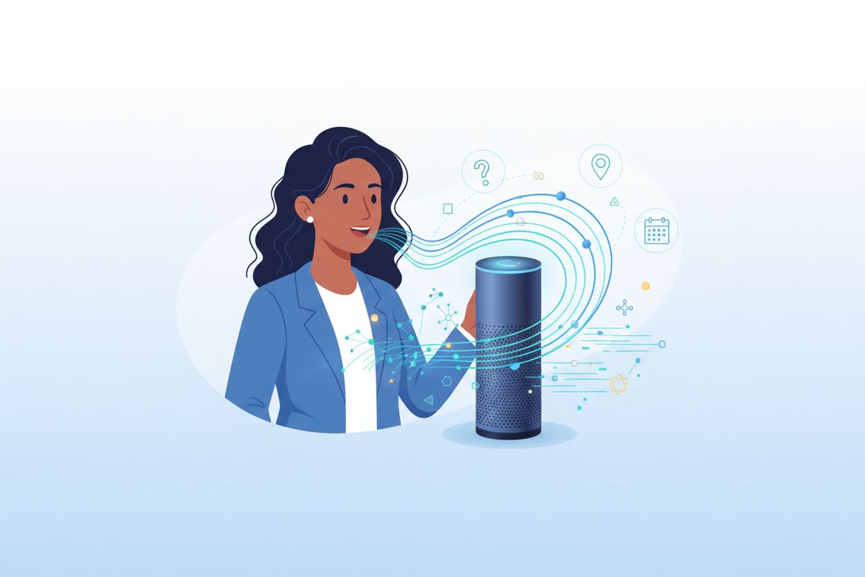 Person using voice search with AI assistant showing sound waves and AI processing visualization