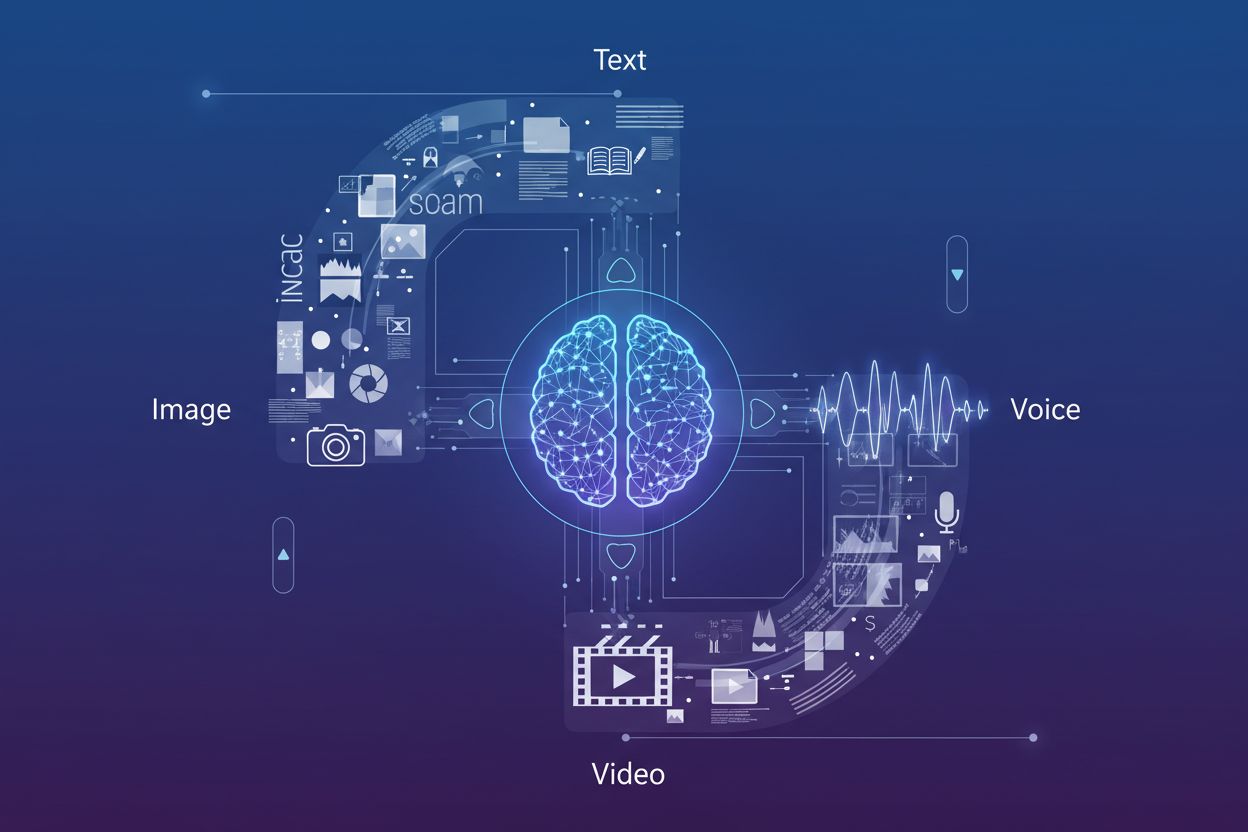 Multimodal AI search concept showing text, image, voice, and video data streams flowing into a central AI neural network